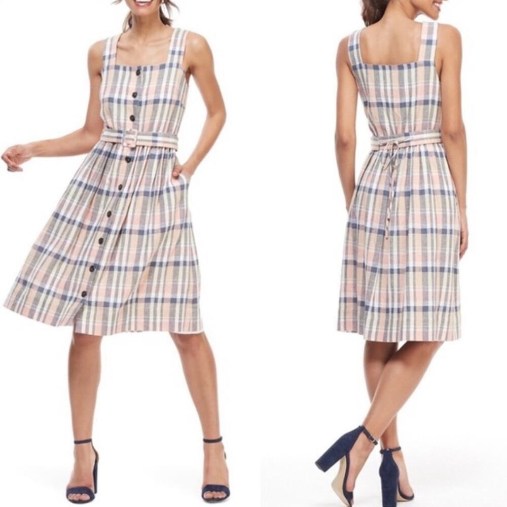 Gal Meets Glam Peyton Linen Sleeveless Button Front Belted Midi Dress 10 Plaid